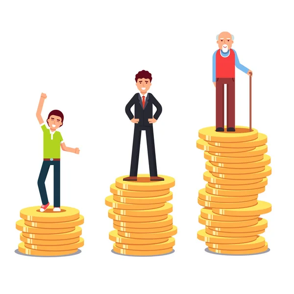 Adolescent, homme d'affaires, vieux senior debout sur des piles montantes de pièces d'or argent. Investissements financiers — Image vectorielle