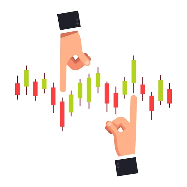 Mãos de homem de negócios empurrando gráfico de castiçal índice de ações ou equidade. Metáfora empresarial da manipulação do mercado bolsista — Vetor de Stock