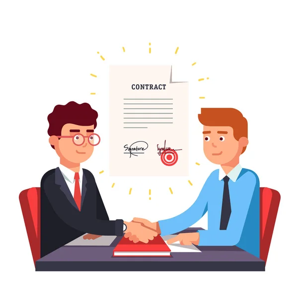 Business man partnership beginning. Partners firmly shaking hands after signing contract — Stock Vector