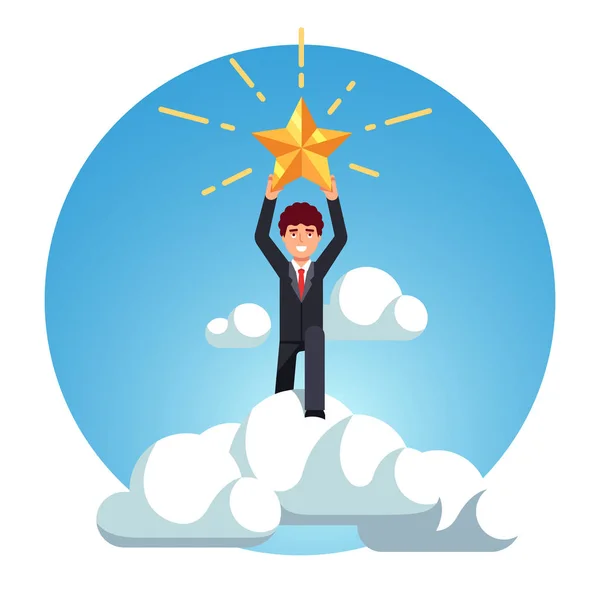 Business man rise above sky clouds and catch star — Stock Vector