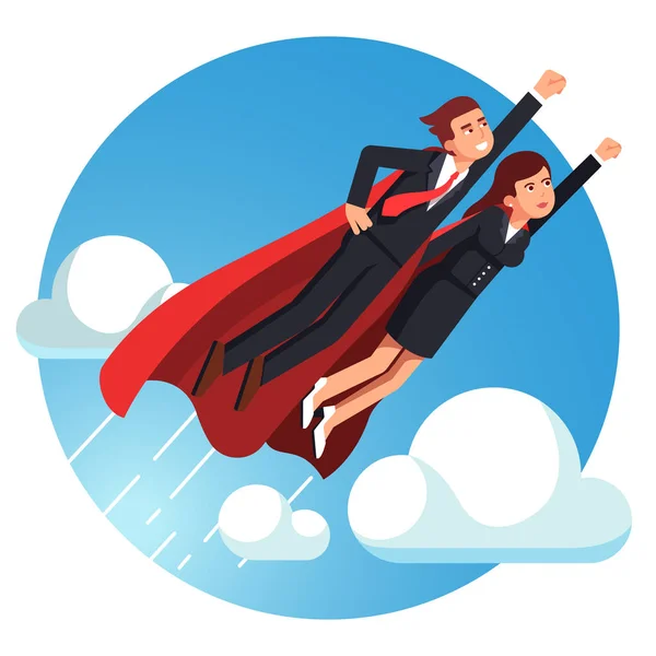 スーパーヒーロービジネスマンと女性が速く飛ぶ — ストックベクタ