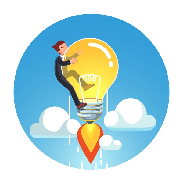 Business man riding rocket lightbulb up into sky — Stock Vector