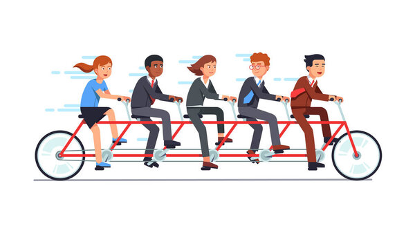 Business people riding fast on tandem bicycle