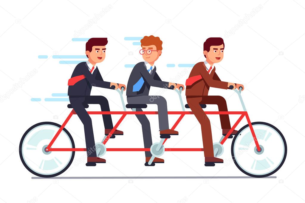 Business people riding fast on tandem bicycle