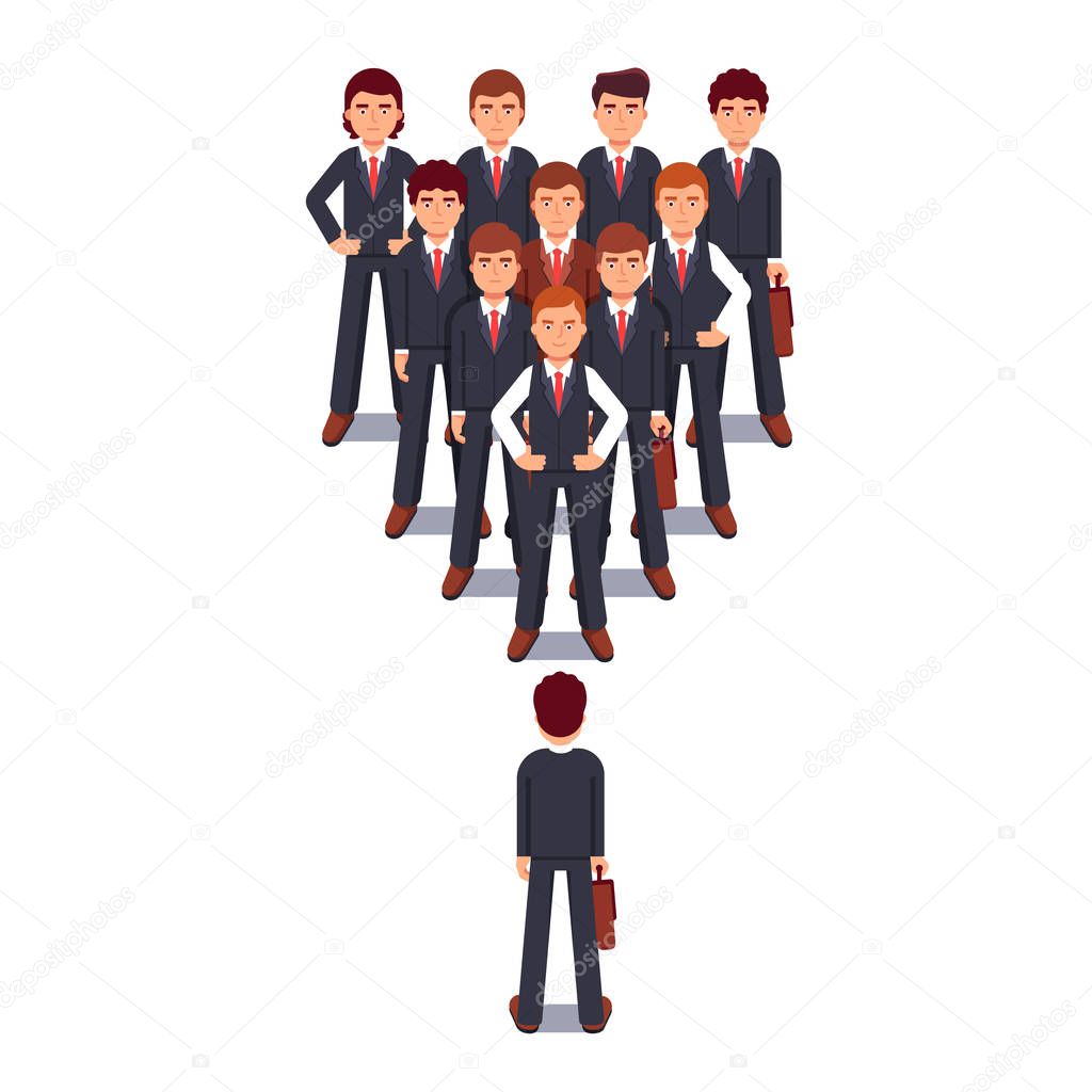 Business man standing against corporate team in wedge formation. Power and stress of leadership metaphor