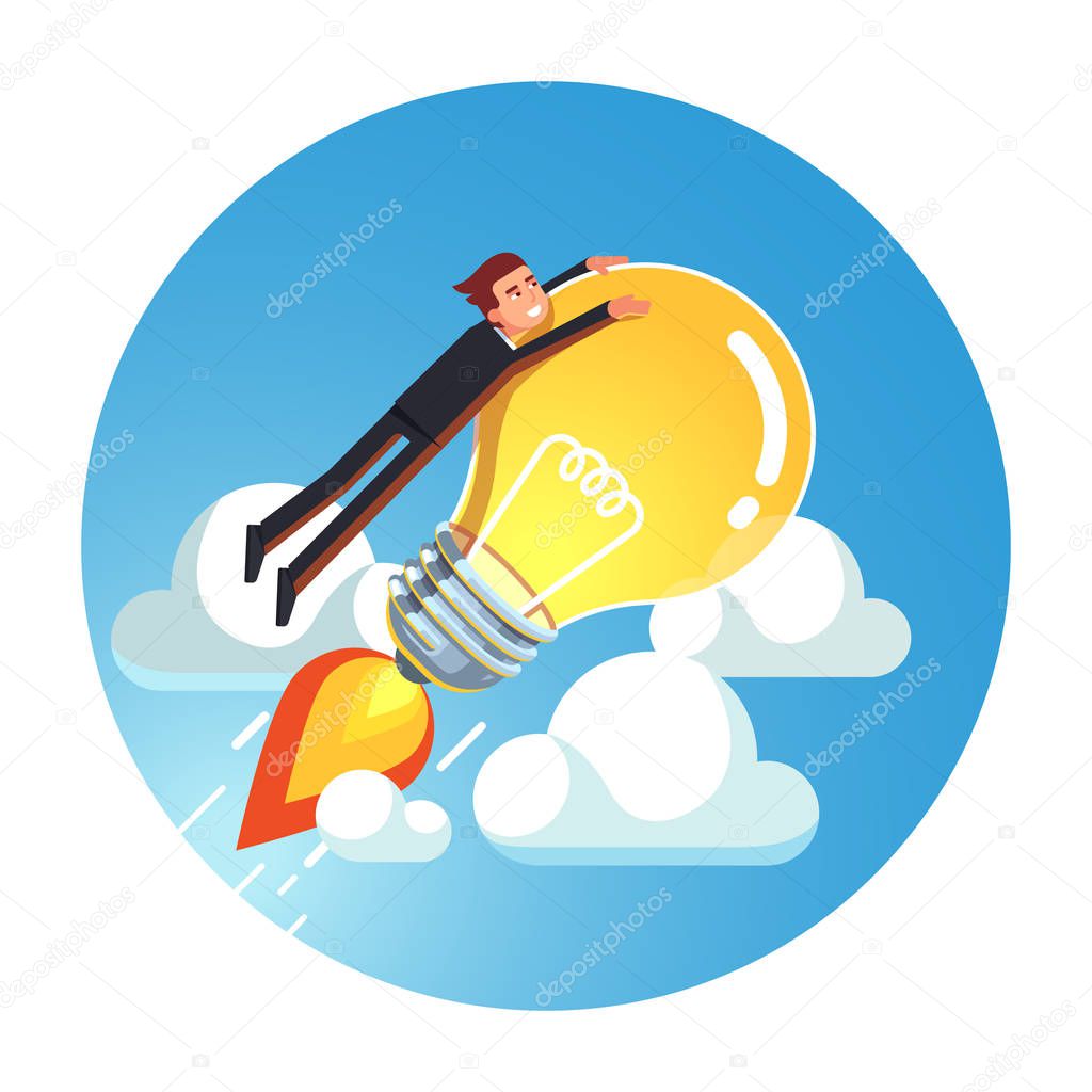Business man riding rocket lightbulb up into sky