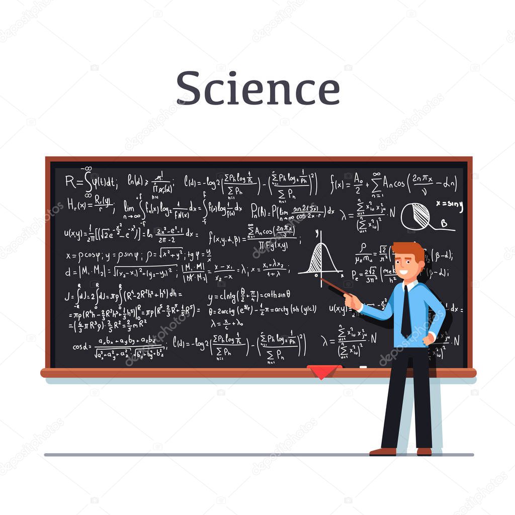 Young university professor standing in front of chalkboard filled with formulas giving lecture on mathematics