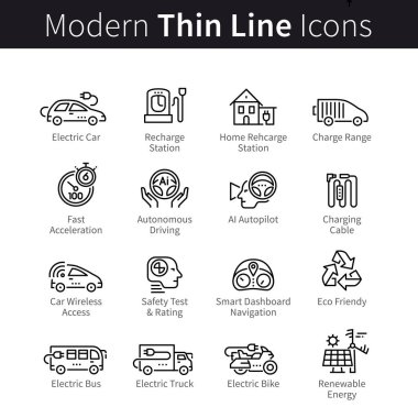 Elektrikli araba ve eko ulaşım: bisiklet, kamyon, otobüs simgeleri seti