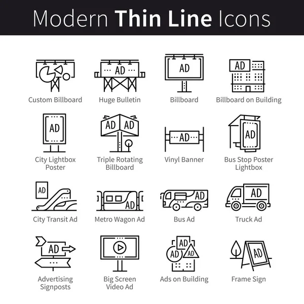 Publicidade, comerciais, sinais de campanha de marketing. canais de mídia ao ar livre ícones conjunto — Vetor de Stock