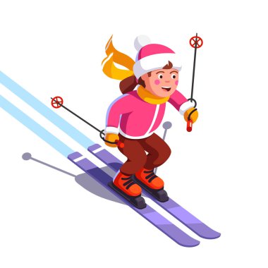 Dağdan hızla aşağı kayan kız. Kış sporları
