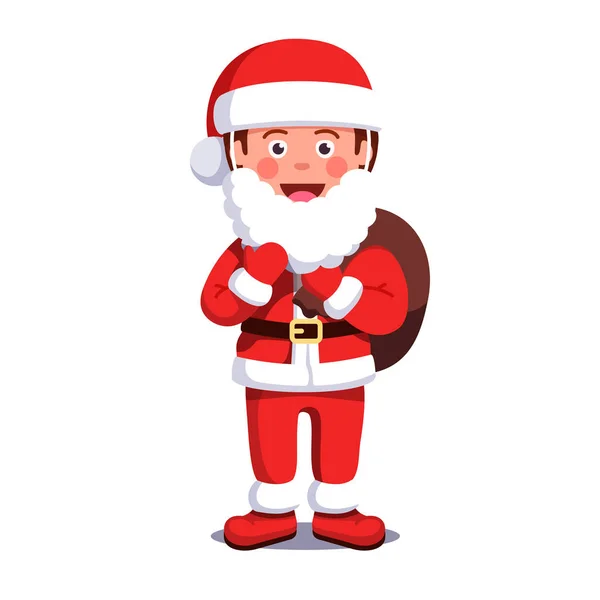 Papá Noel vestido niño pequeño sosteniendo saco — Vector de stock