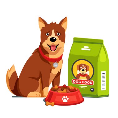 Kuru gıda kase ve çanta paketi yanında oturan köpek