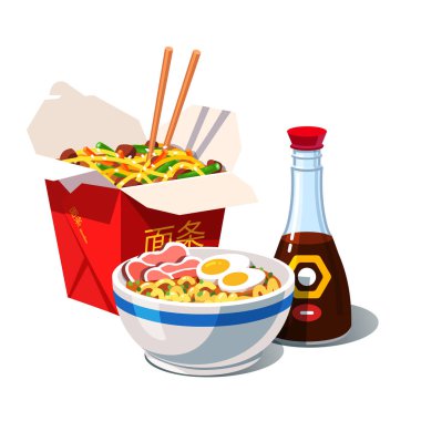 Erişte, yemek çubukları, karton paket kutu ile Tonkotsu ramen çorba kase. Geleneksel Çin, Japon yemek seti