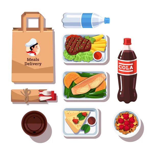 Restaurant meals delivery containers with food: meat, fish, cheese cake, oatmeal cereals, bottles with water — Stock Vector