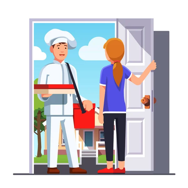 Delivery man holding pizza box delivered to woman — Stock Vector