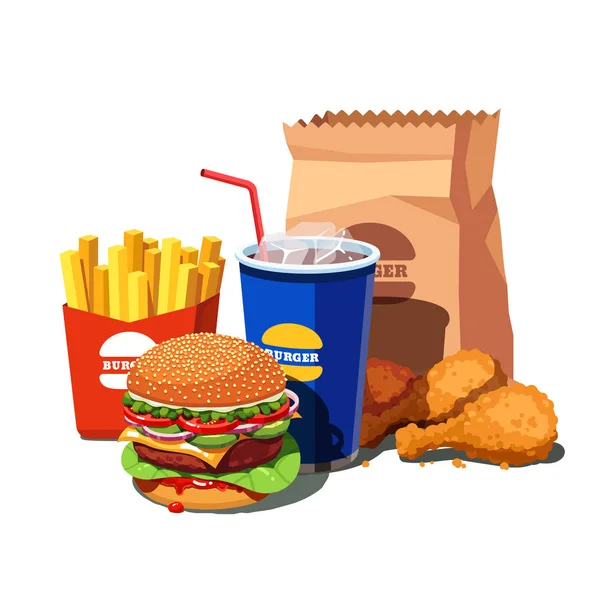 Fast food set with American burger and drink cup — Stock Vector