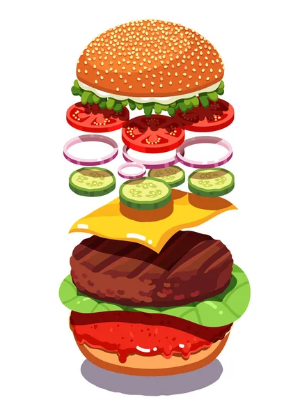 Widok rozstrzelony amerykański Burger z serem lub Hamburger — Wektor stockowy