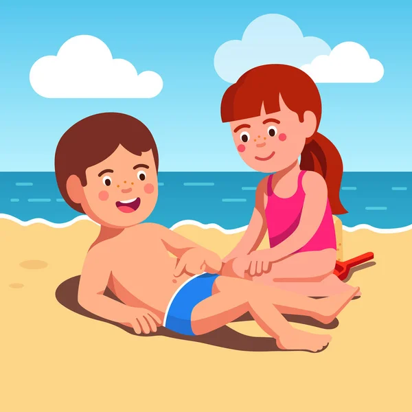 Crianças menino e menina brincando na areia da praia da praia do mar — Vetor de Stock