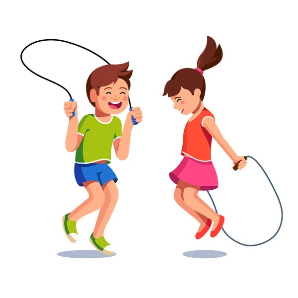 Happy boy and girl jumping up over skipping ropes — Stock Vector
