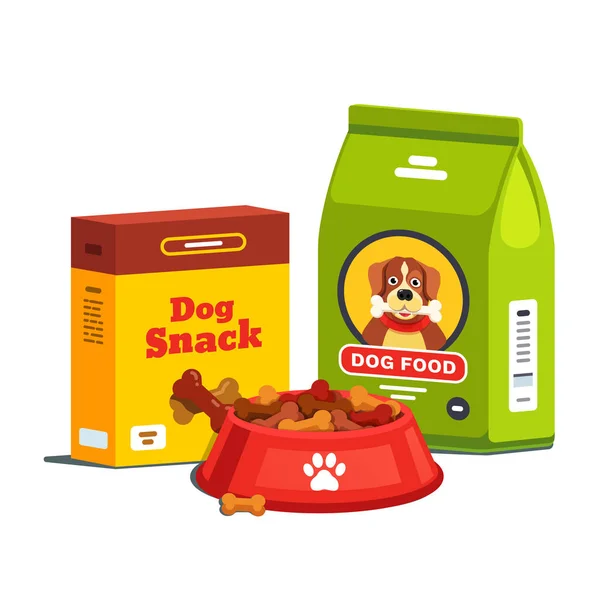 Domestic dog food, bag package and cardboard box — Stock Vector