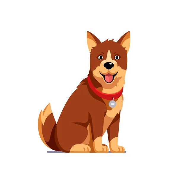 Sitting dog. Brown domestic pet wearing red collar — Stock Vector