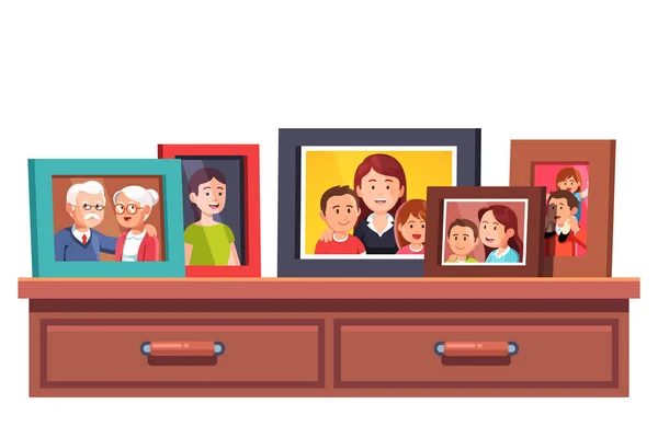 Família parentes fotos molduras no peito das gavetas —  Vetores de Stock