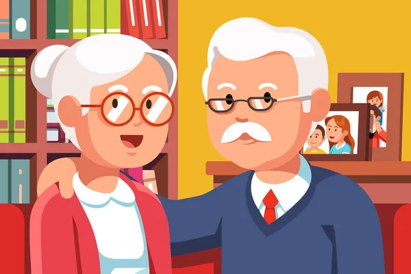 Abraçando avô e avó família casal retrato ilustração. Ancião prata cabelos pessoas — Vetor de Stock