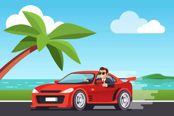 Rico hombre de negocios conduciendo coche en el paisaje de la costa — Vector de stock