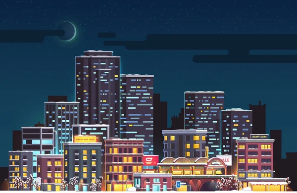 Año Nuevo noche, noche luna rascacielos paisaje urbano — Archivo Imágenes Vectoriales