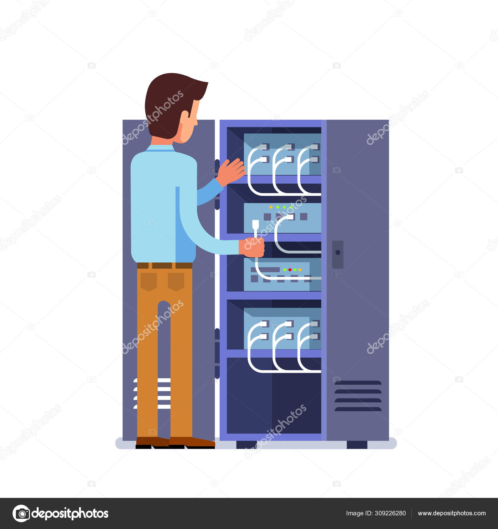 Sysadmin Man Working With Server Rack Switchboard Stock Vector