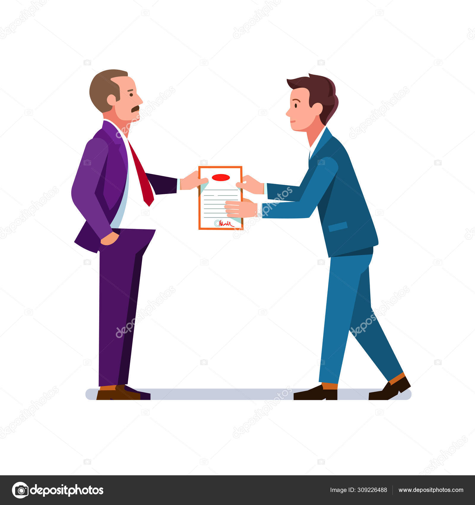 若手社員に証明書を渡すビジネスマン ストックベクター ©IconicBestiary 309226488, image size:1600x1700