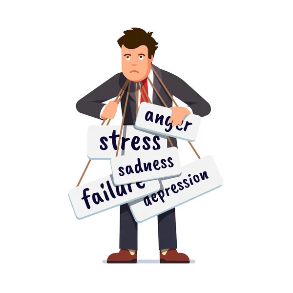 Uomo d'affari triste sovraccarico di stress, fallimento — Vettoriale Stock