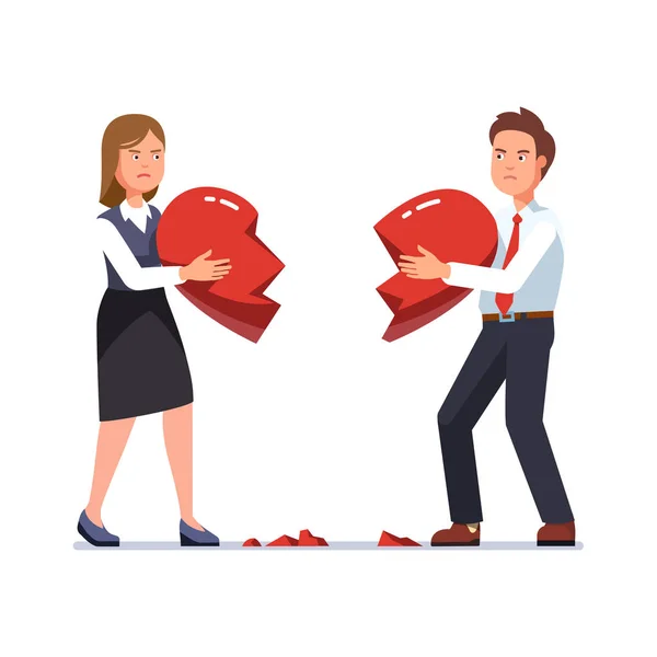 Business man and woman breaking heart apart — Stock Vector