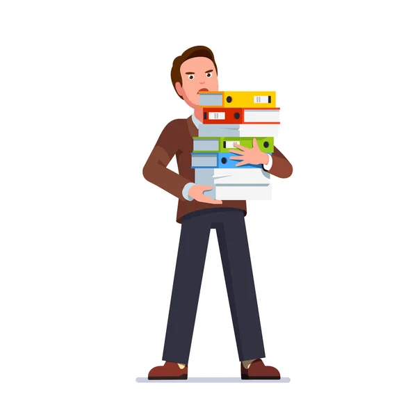 Business man holding big document folders stack — Stock Vector