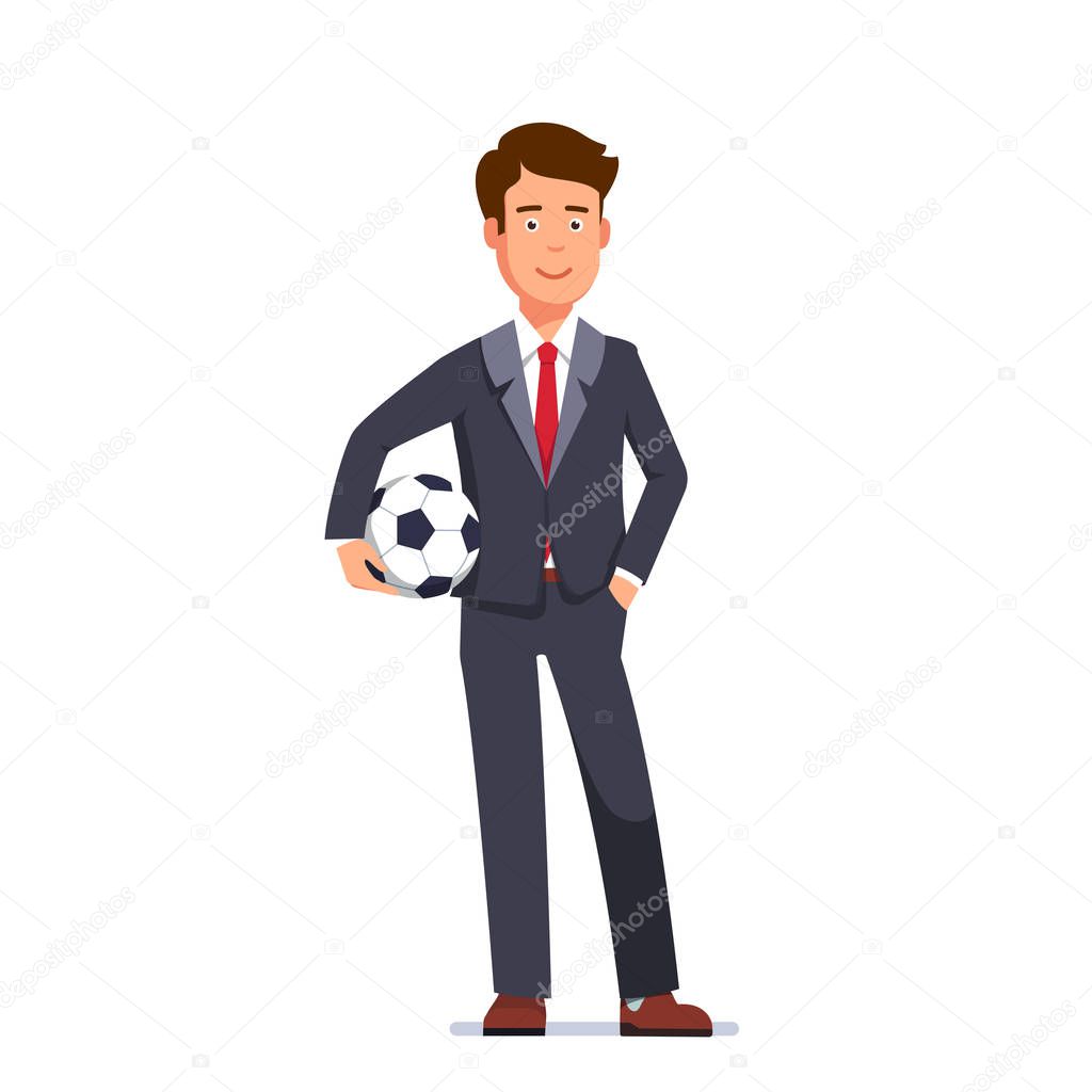 Soccer player wearing formal business man suit