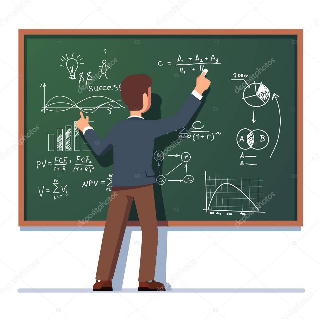 Business man teacher teaching and writing formula