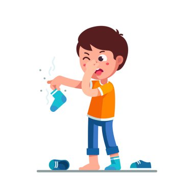 Elinde kirli kokulu çorap tutan duran çocuk