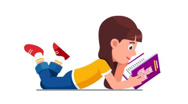 Kız öğrenci çocuk yerde yatan ve kitap okuma