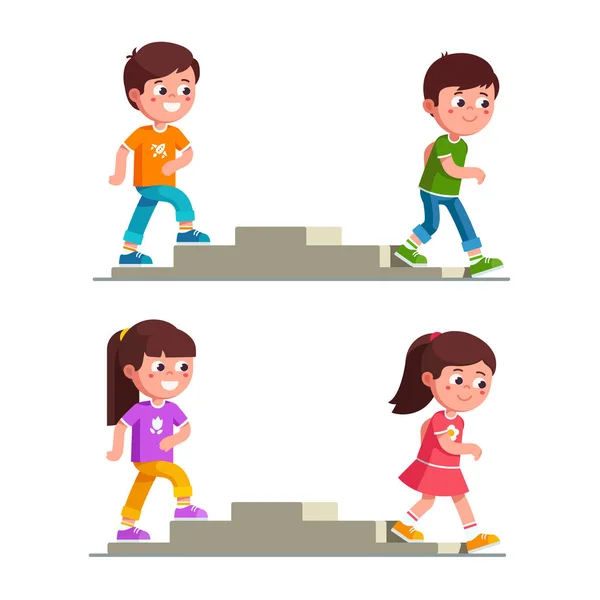 Smiling boys and girls walking up and down stairs — Stock Vector