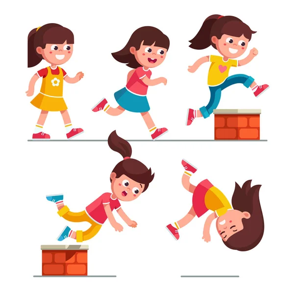 Kız çocuk yürüme, koşma, atlama ve düşme — Stok Vektör