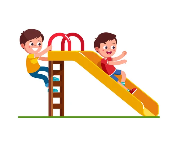 Boy sliding down slide and climbing up ladder — Stock Vector