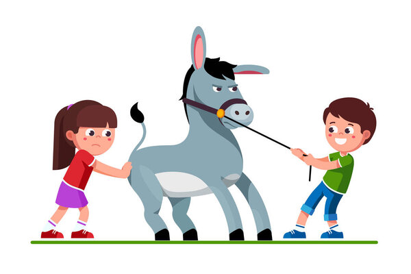 Мальчик тянет осла за поводья, а девочка толкает его.
