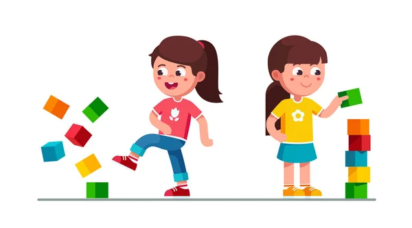 Enfants filles jouer avec jouet cube blocs tour — Image vectorielle