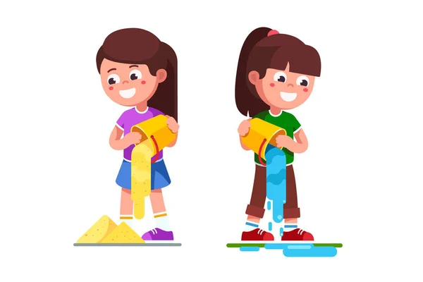 Kids girls playing with water and sand — Stock Vector