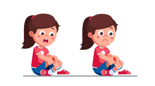 Crying girls kids holding painful wounded leg knee — Stock Vector