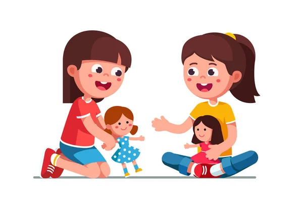 Happy smiling girls kids playing with dolls — Stock Vector