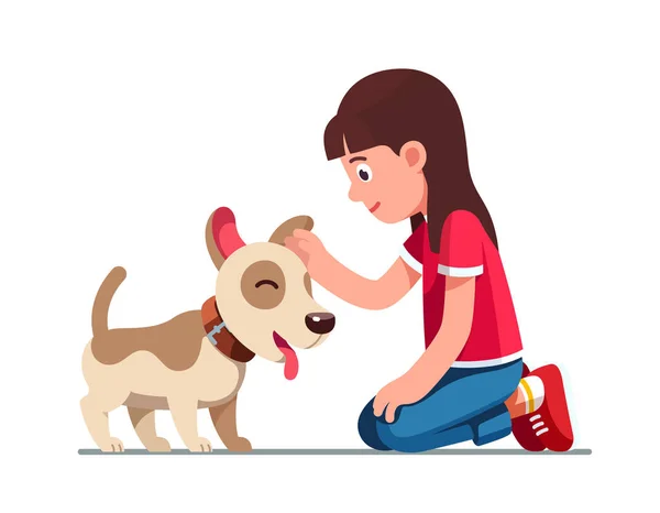 Preschool girl sitting on ground and patting dog — Stock Vector