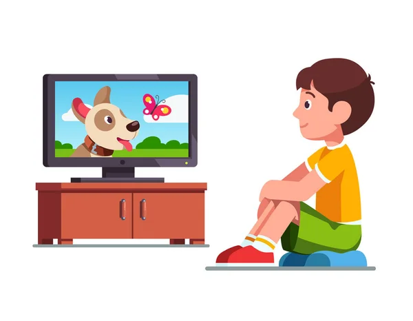 Boy watching film on TV about dog and butterfly — Stock Vector