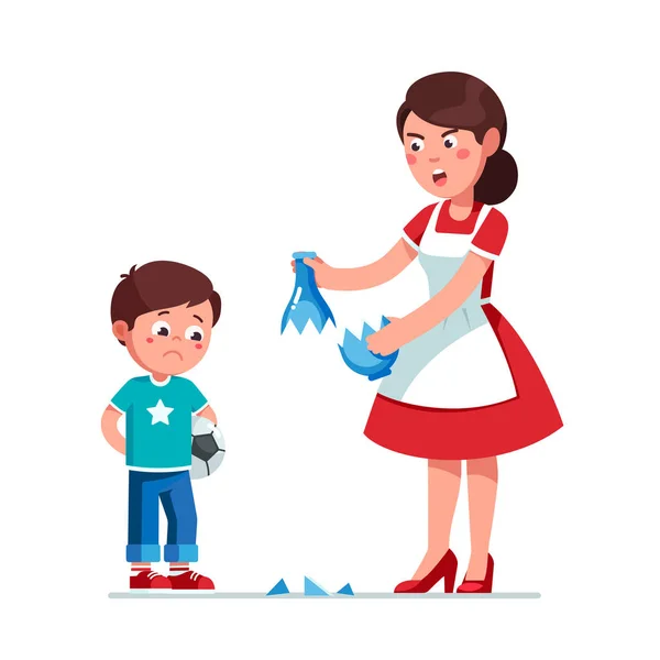 Angry mother scolding son kid for breaking vase — Stock Vector