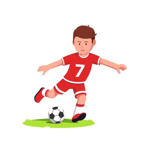 Adolescente jogador de futebol menino jogando e chutando bola —  Vetores de Stock